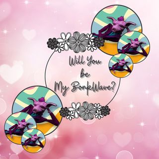 A cheesy Valentine's Day-inspired floral design with Will You Be My BonkWave? in the middle, surrounded by the BonkWave pig lying sultrily inside several circles of varying sizes.
