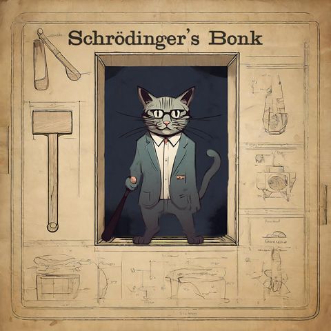 A blueprint drawing of a wooden box and various bonking utensils. Inside the box a cat wearing a suit and glasses is holding a baseball bat. The caption says Schrödinger's Bonk.