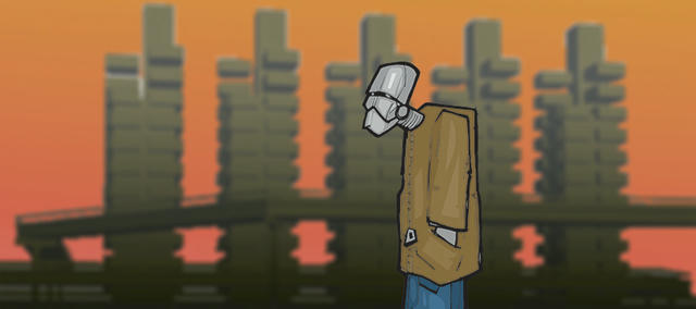 Robot avatar of AxWax in front of some tower blocks and an orange/red gradient.